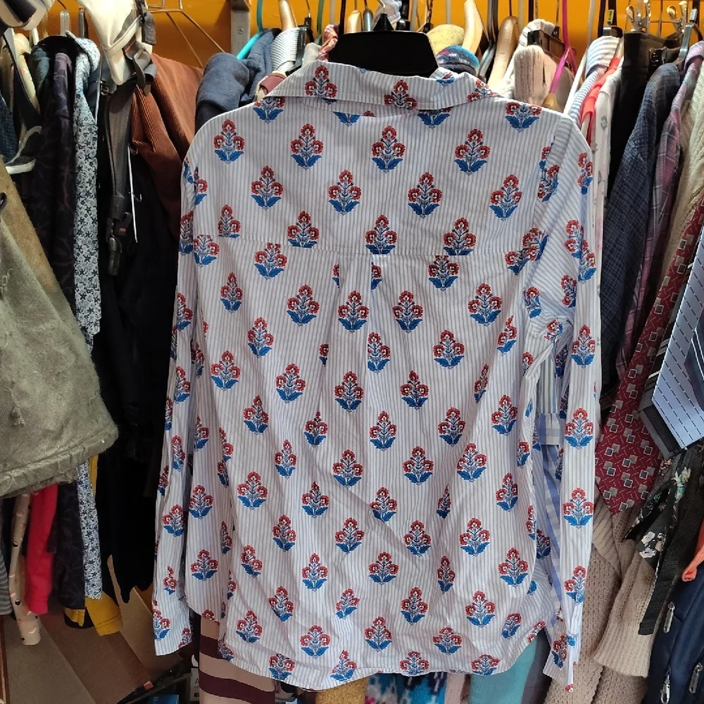 Boden Striped Blue and Red Floral Women's Shirt - Picture 2 of 3